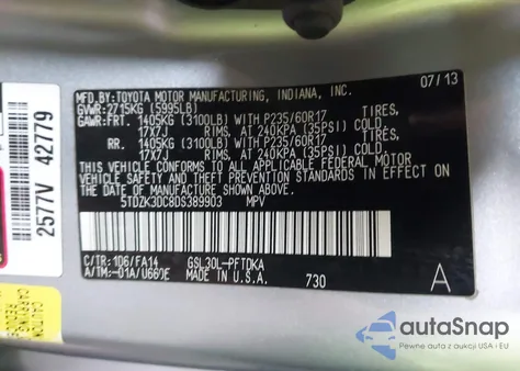 2013 Toyota Sienna L V6 7 Passenger z USA, uszkodzony, nr VIN 5TDZK3DC8DS389903